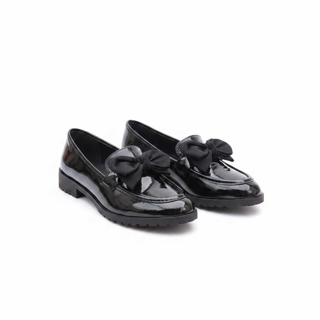 Layinka Store Black Patent Satin Bow Loafers – Catalog Shot