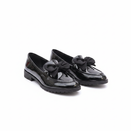 Layinka Store Black Patent Satin Bow Loafers – Catalog Shot