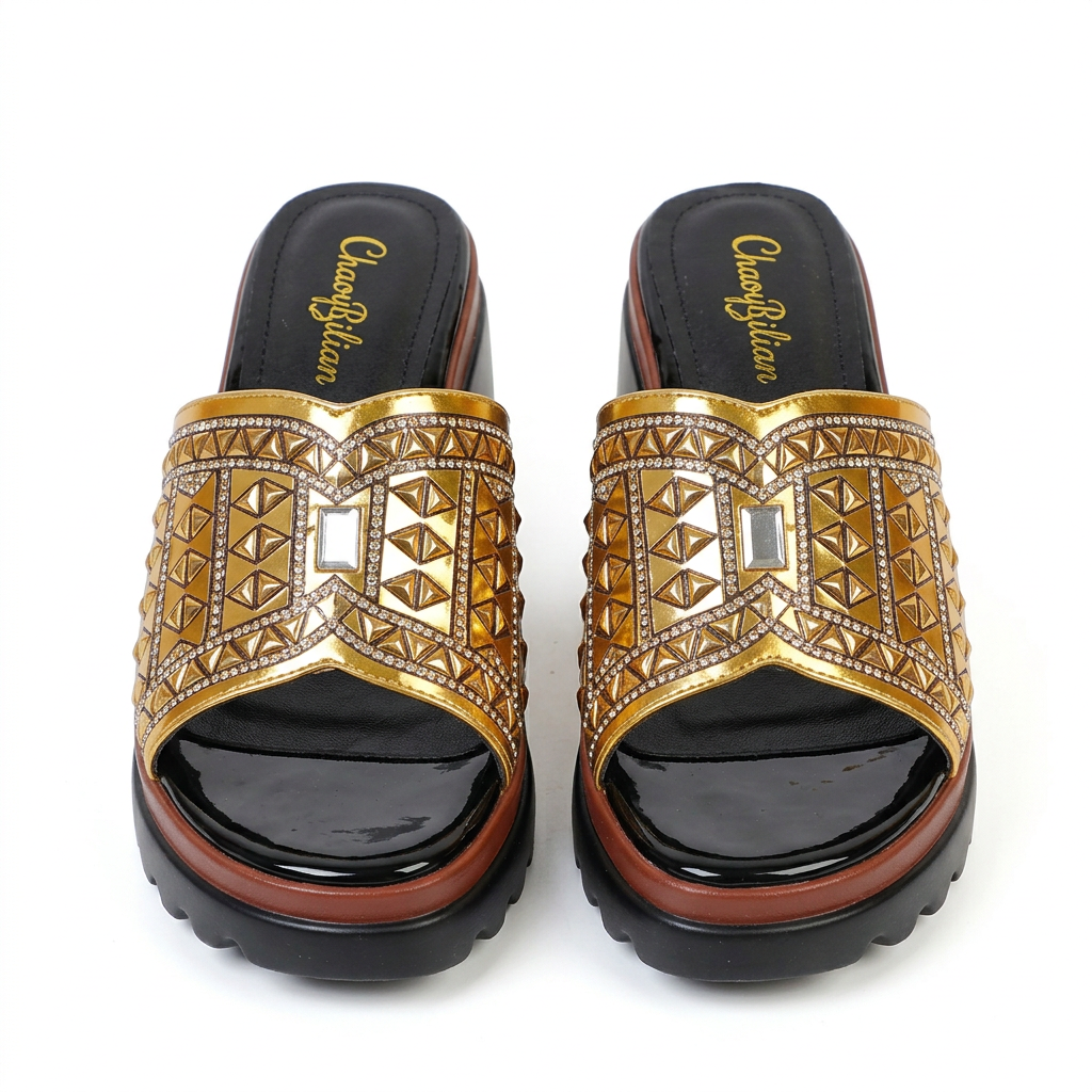 Gold metallic geometric-detail chunky platform slide pair