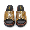 Gold metallic geometric-detail chunky platform slide pair
