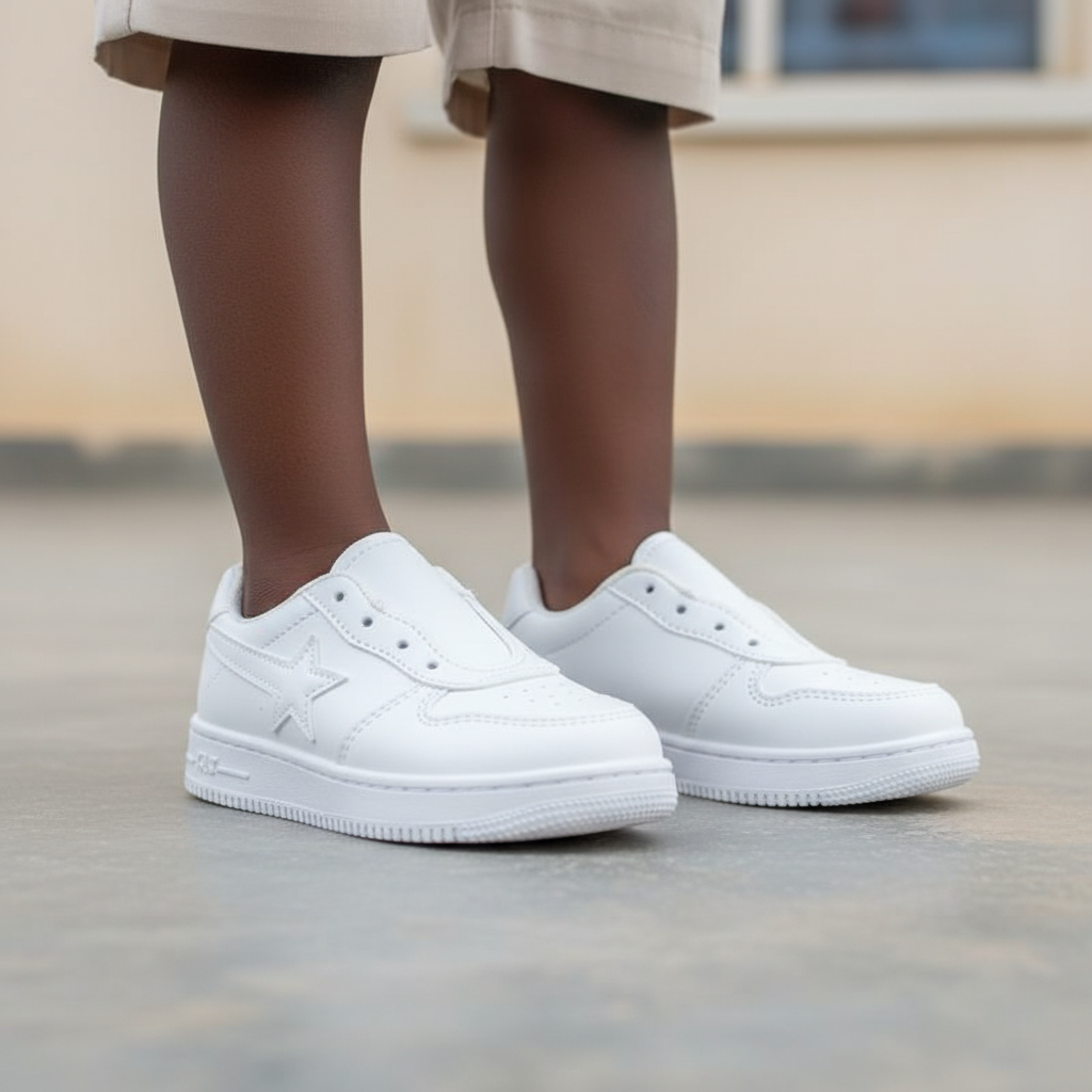 Nigerian child model leg focus shot wearing all-white slip-on brogue sneakers
