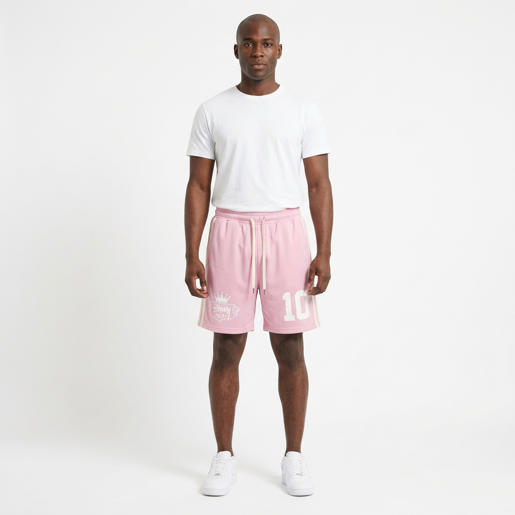 Full-body adult Black man wearing pink side-stripe graphic shorts