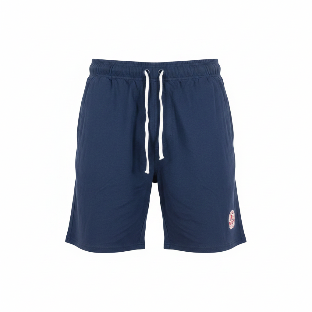 Men's navy blue drawstring shorts ghost mannequin view