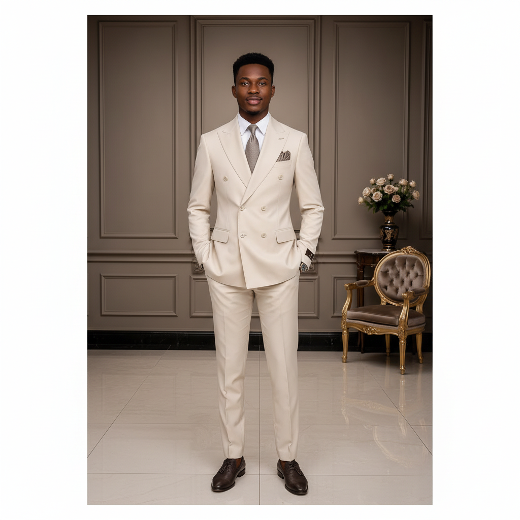 Ivory double-breasted suit on Nigerian male model