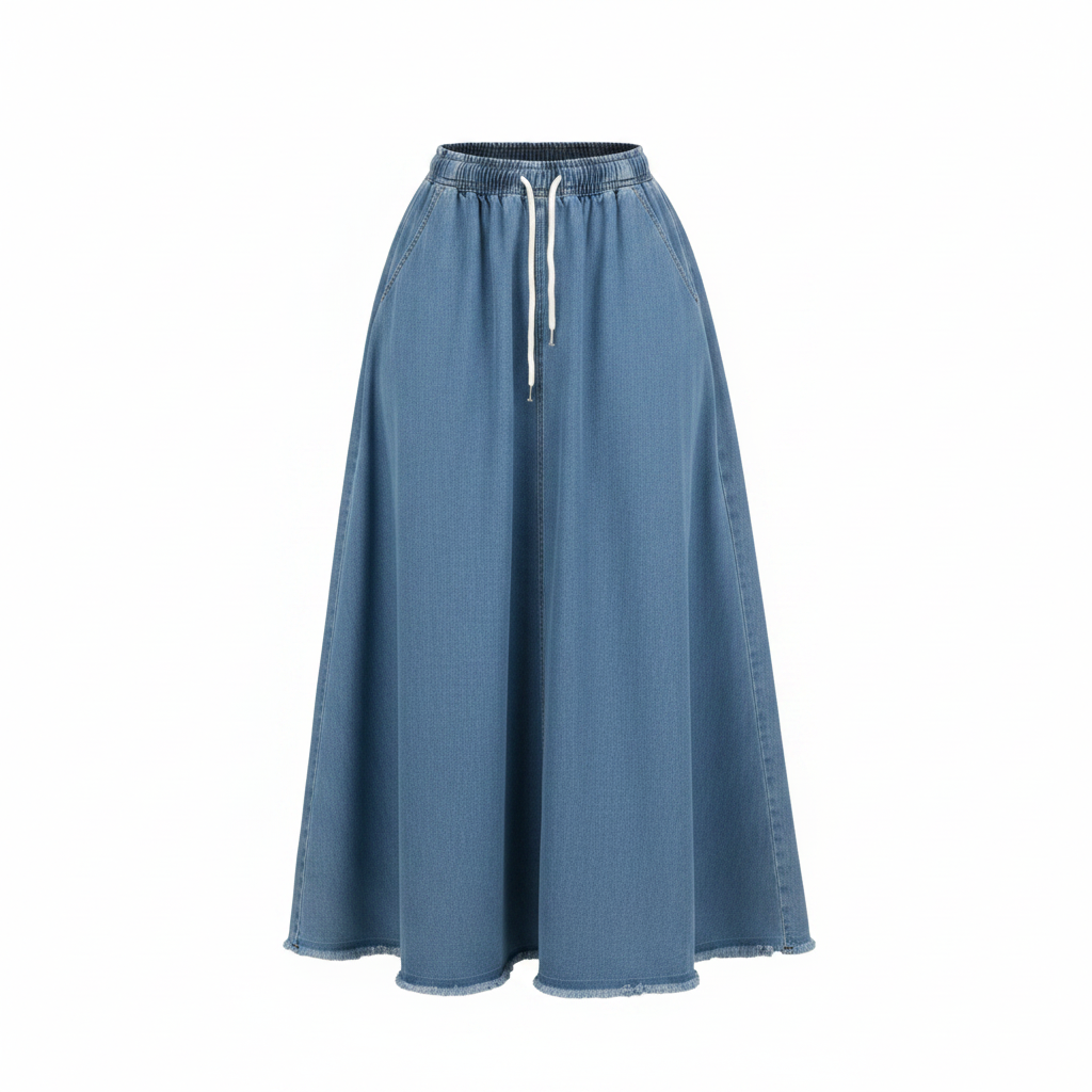Women's light blue denim drawstring maxi skirt ghost mannequin front view