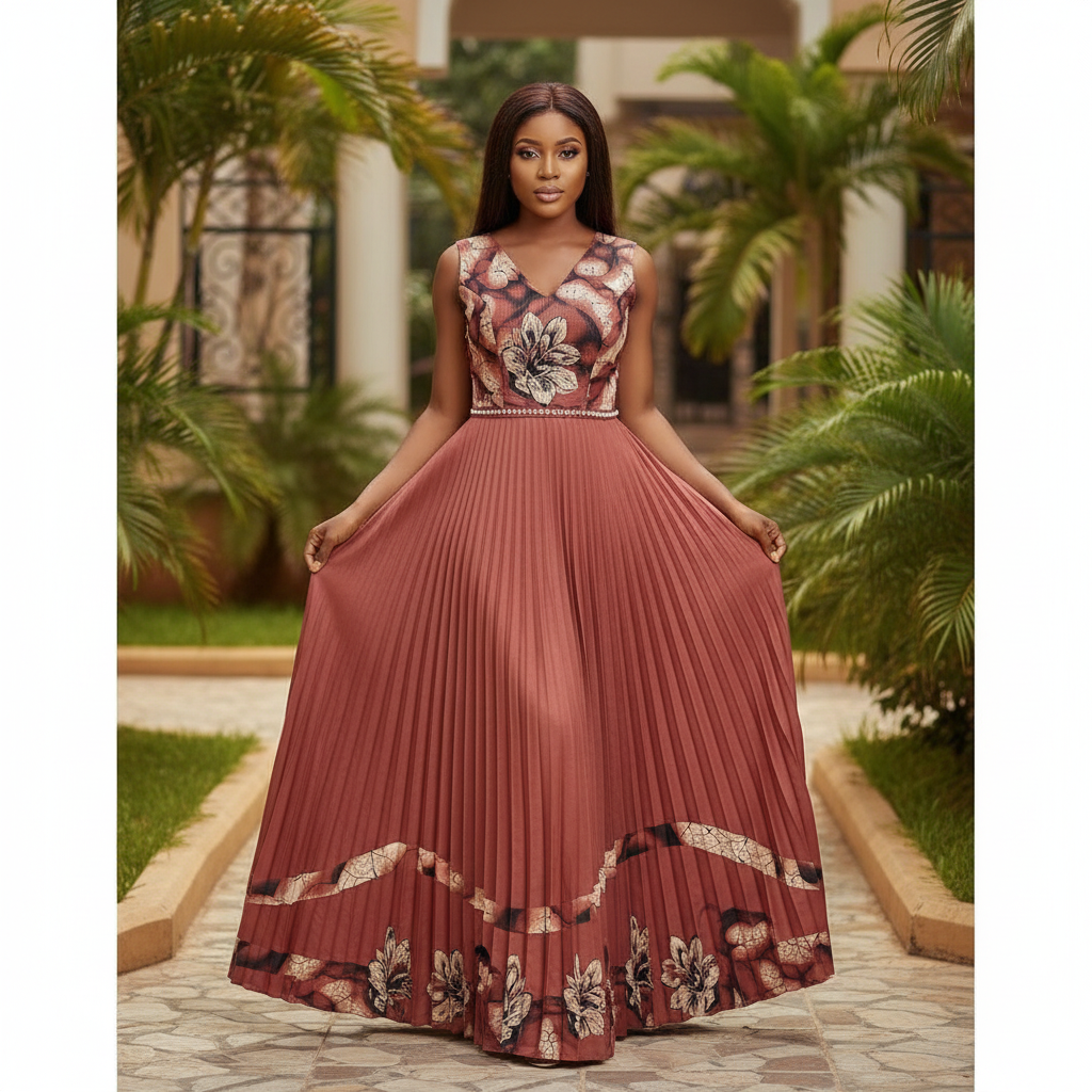 Women's dusty rose terracotta pleated floral bird print maxi gown - model shot