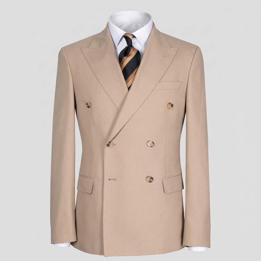 Beige double-breasted suit jacket in ghost mannequin styling