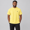 Model wearing yellow stand-collar shirt