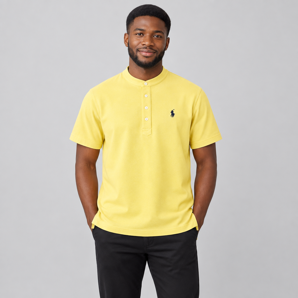 Model wearing yellow stand-collar shirt