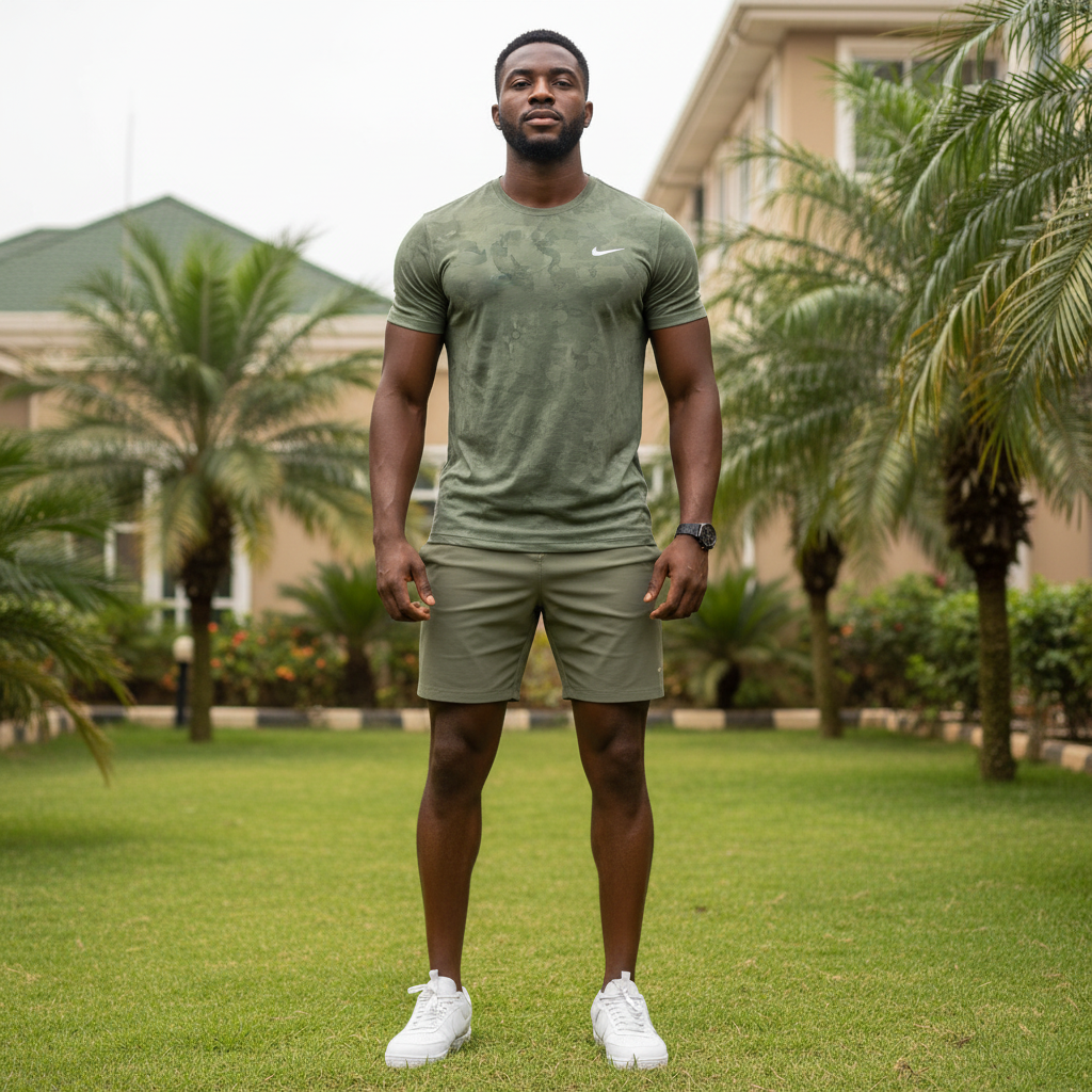 Nigerian male model wearing olive green tonal camo print athletic performance tee