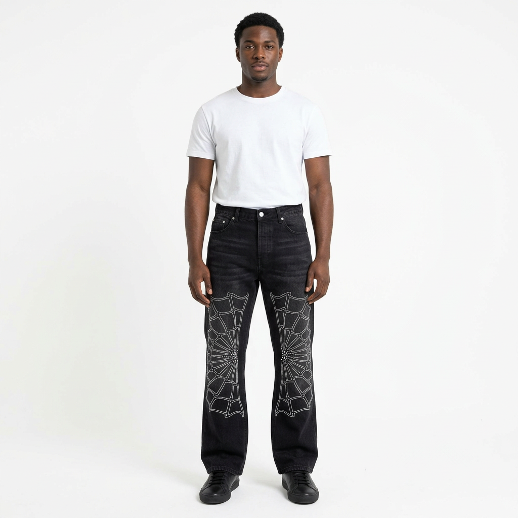 Full-body male model wearing black spiderweb-detail wide-leg jeans