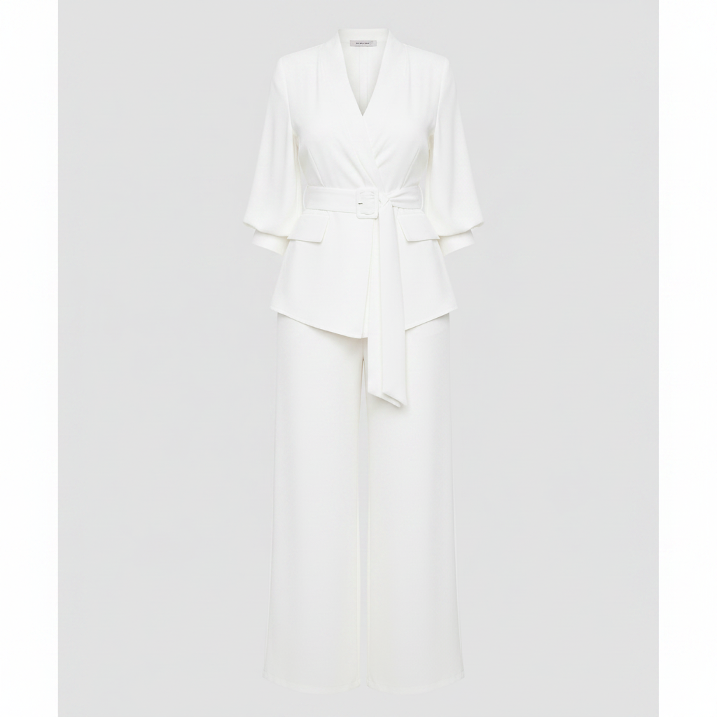 Women's white shirt and wide-leg trouser co-ord set – ghost mannequin view