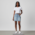 Light Blue Washed Button-Front Denim Mini Skirt - Model Front View