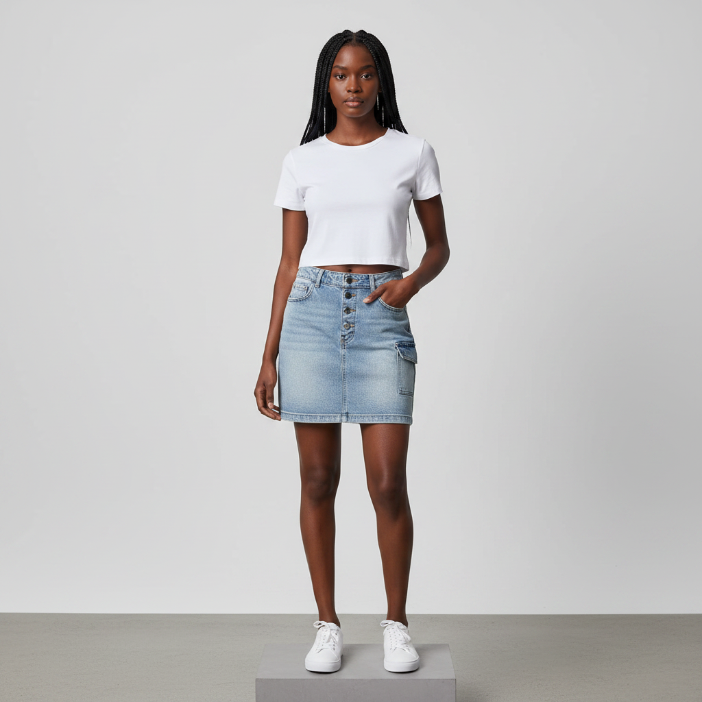 Light Blue Washed Button-Front Denim Mini Skirt - Model Front View
