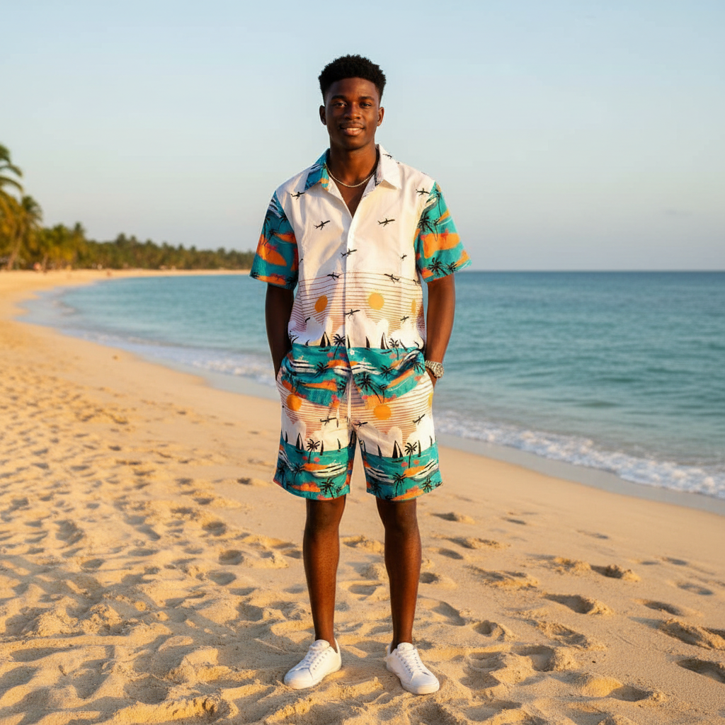 African Nigerian male model wearing men's white tropical scene print beach co-ord set on a tropical beach