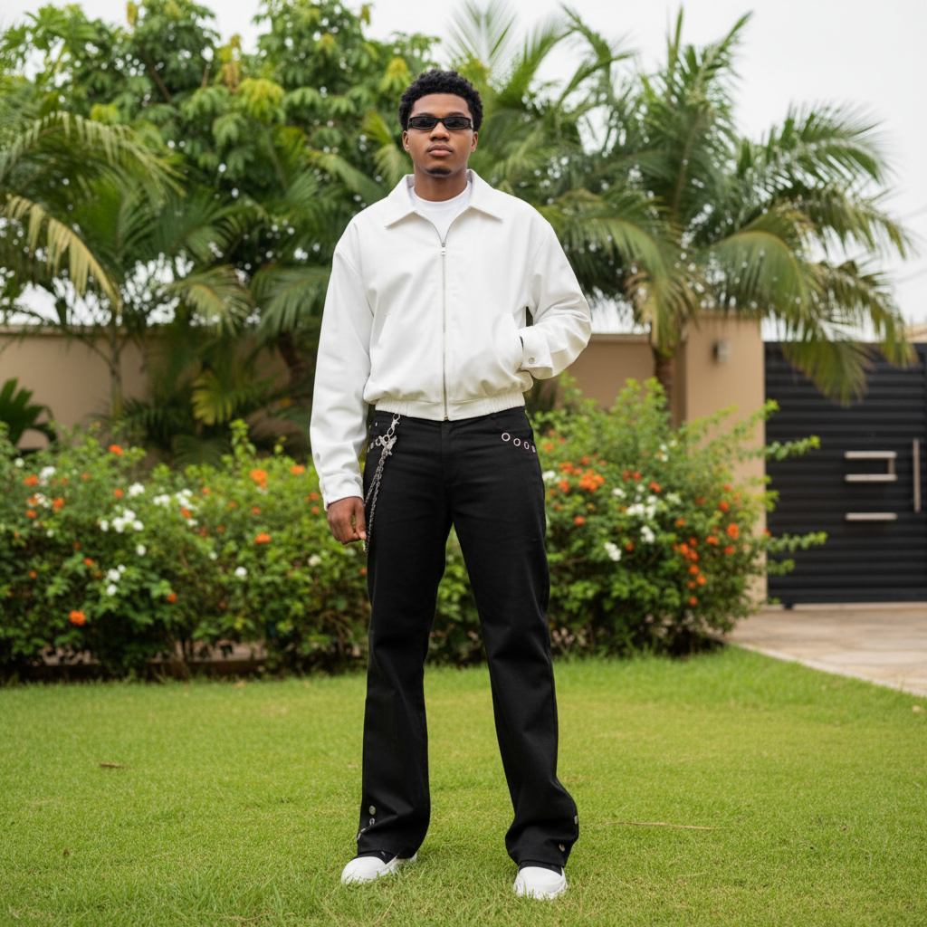 Nigerian male model wearing men's white cropped zip-up bomber jacket – lifestyle shot