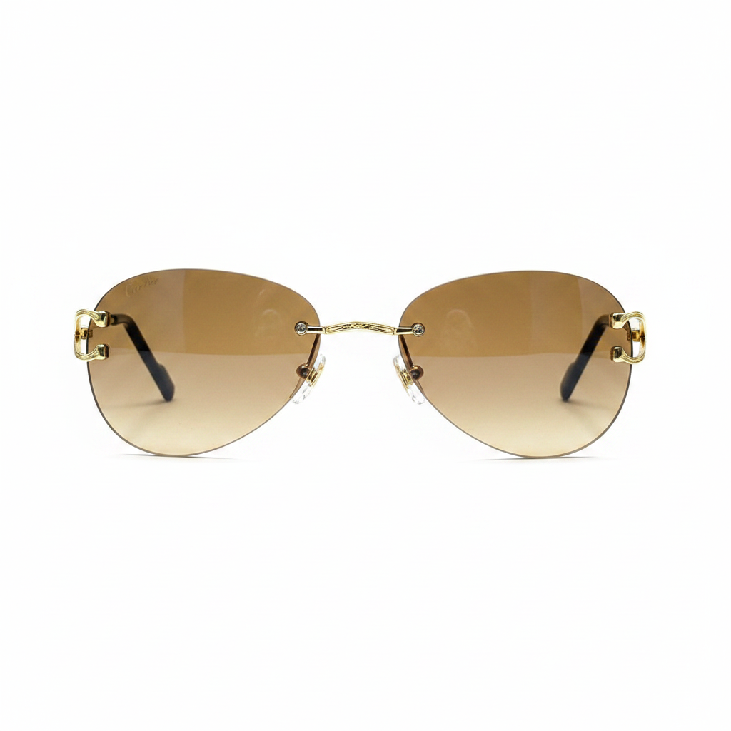 Unisex rimless aviator sunglasses with gold engraved bridge – front and side ghost mannequin view on white background