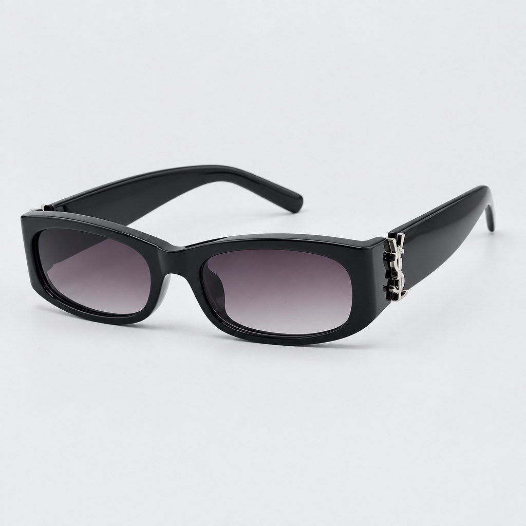 AI-generated black rectangular sunglasses with silver-tone side detail