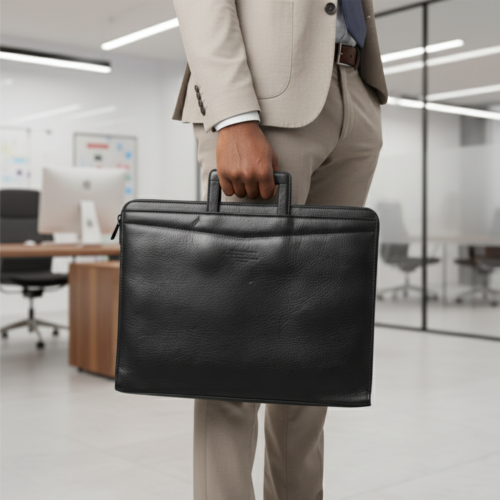 Sobar black leather slim laptop portfolio carried by Black Nigerian professional in office