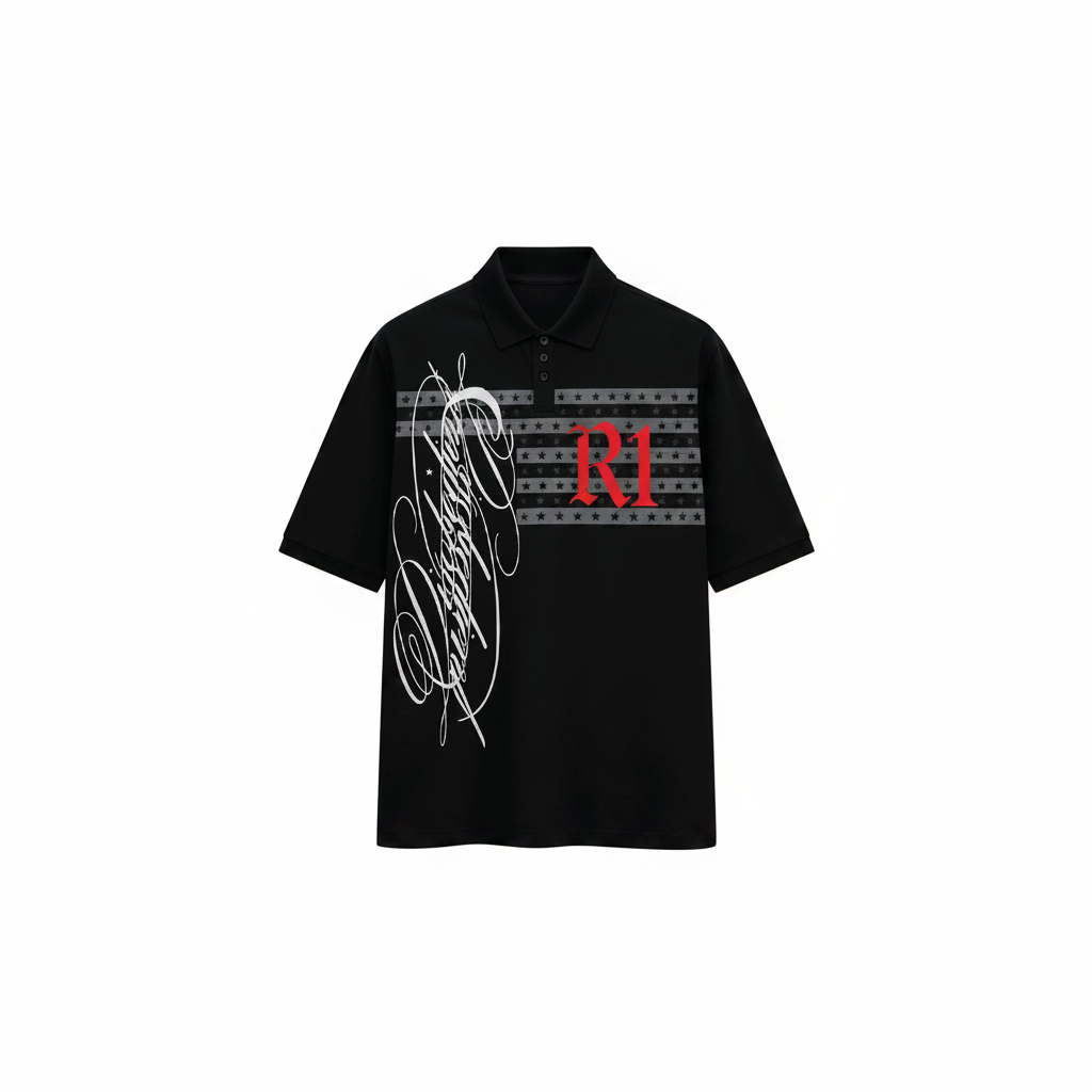 Men's Black Star-Stripe Graphic Polo Shirt – Ghost Mannequin Front View