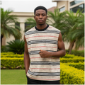 Nigerian male model wearing men's cream black red stripe sleeveless vest top