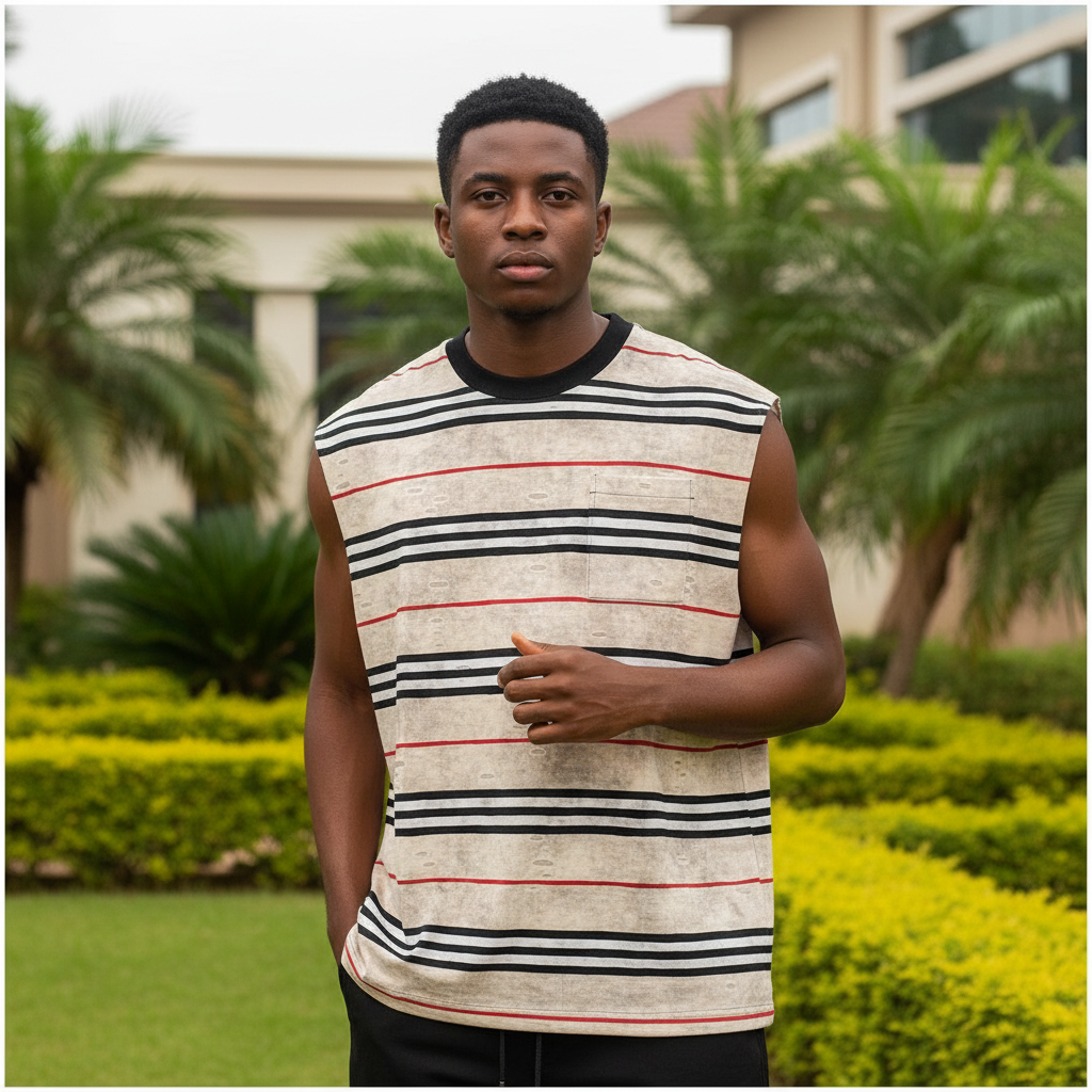 Nigerian male model wearing men's cream black red stripe sleeveless vest top