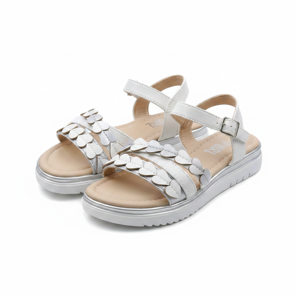 Girls white petal appliqué double-strap sandal ghost mannequin pair view