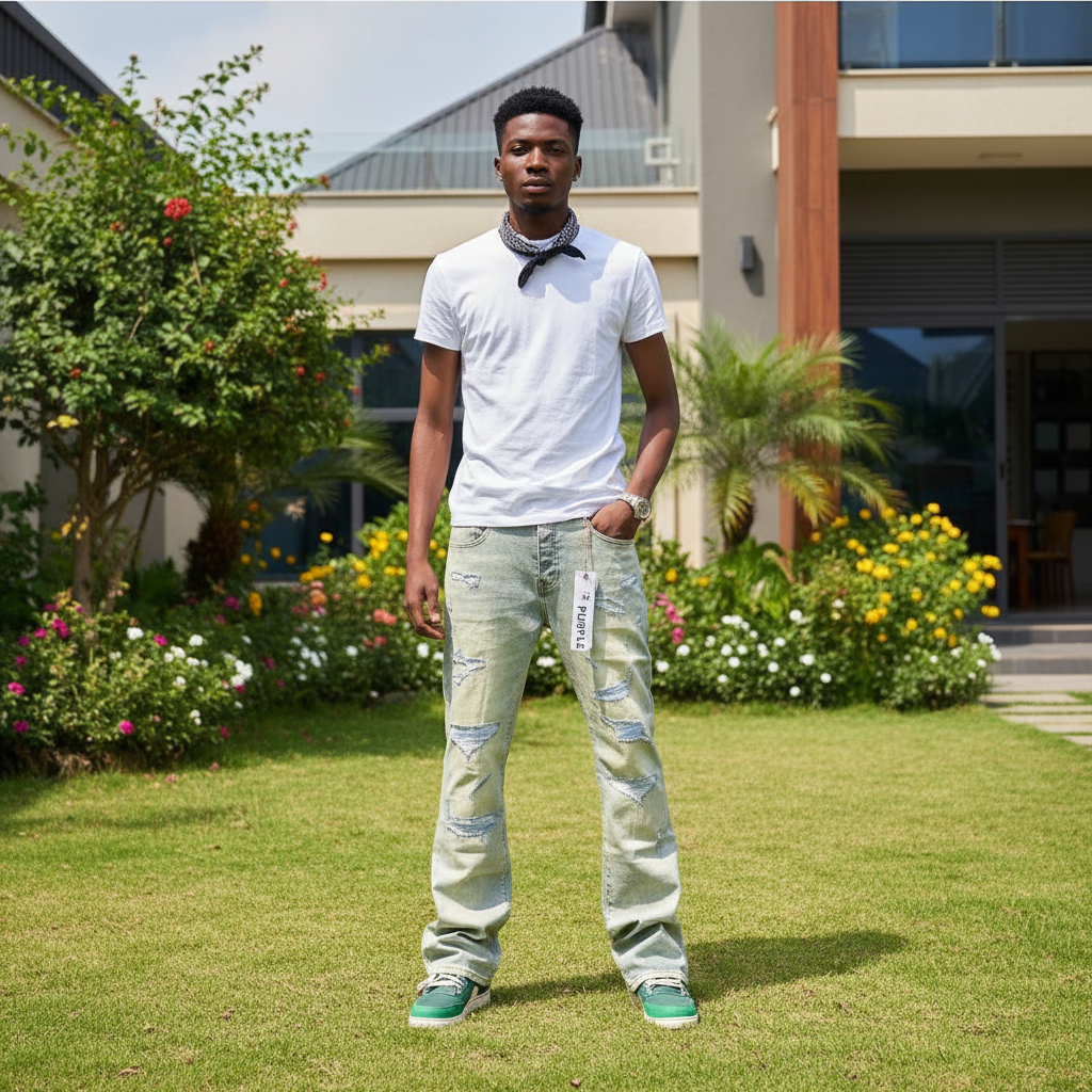 Men's Light Blue Heavy Ripped Flared Denim Jeans – Nigerian Male Model Shot