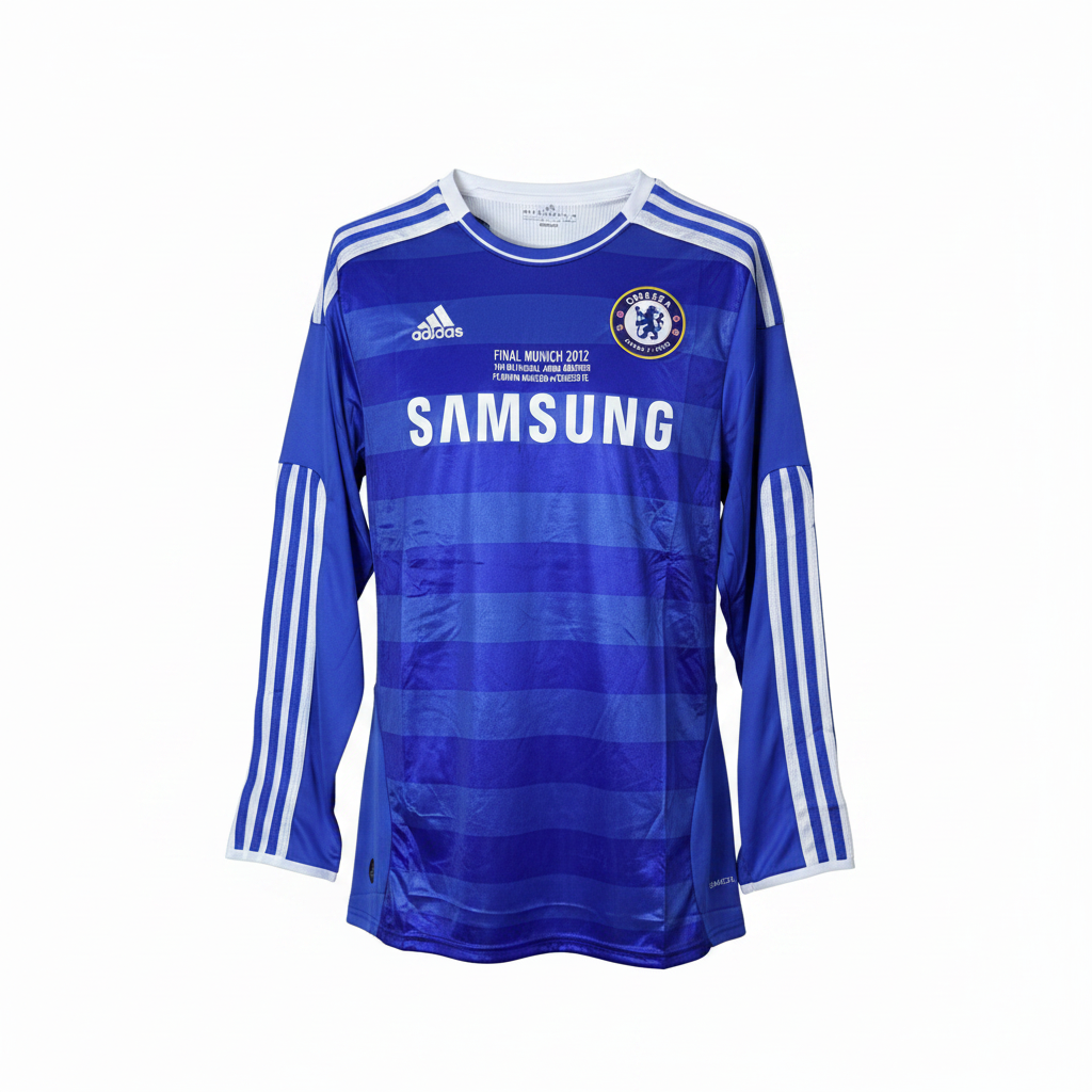 Royal blue long-sleeve retro football jersey Champions League Final edition — ghost mannequin front view