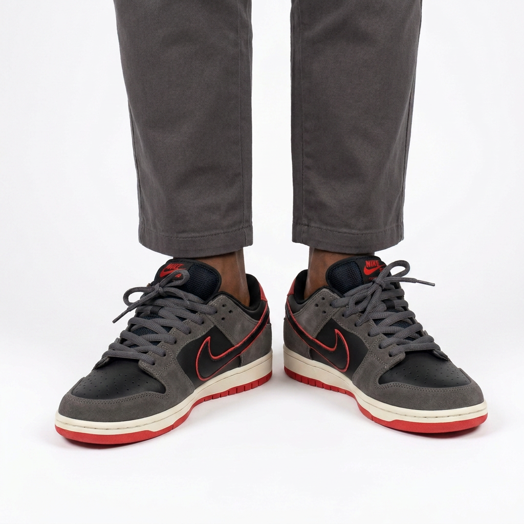 Black and grey red-trim low-top sneakers worn on both feet