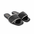 Women's black rhinestone ribbed flat slide sandals ghost mannequin view