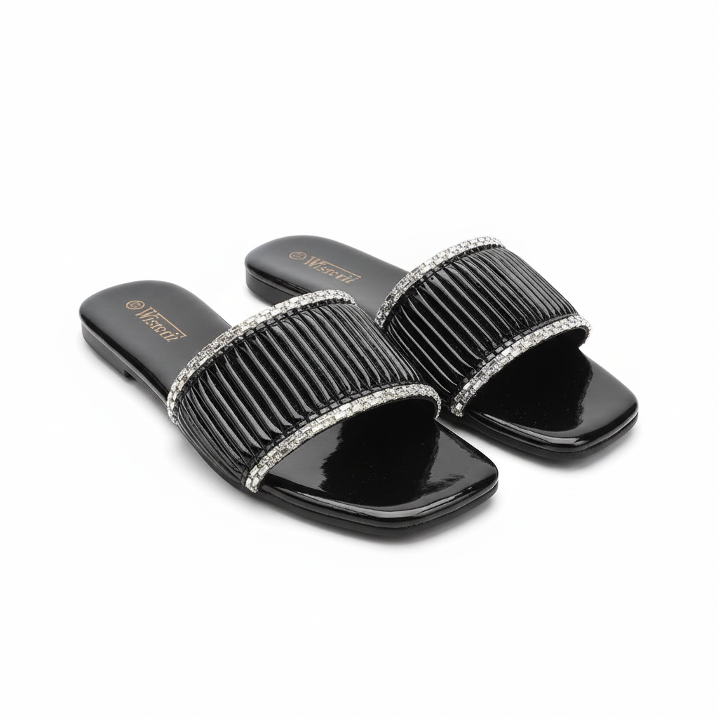 Women's black rhinestone ribbed flat slide sandals ghost mannequin view