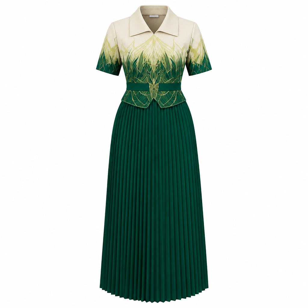 Emerald green collared contrast-print pleated occasion dress on white background