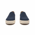 Men's navy blue woven knit slip-on platform sneaker ghost mannequin pair — front and side view on white background