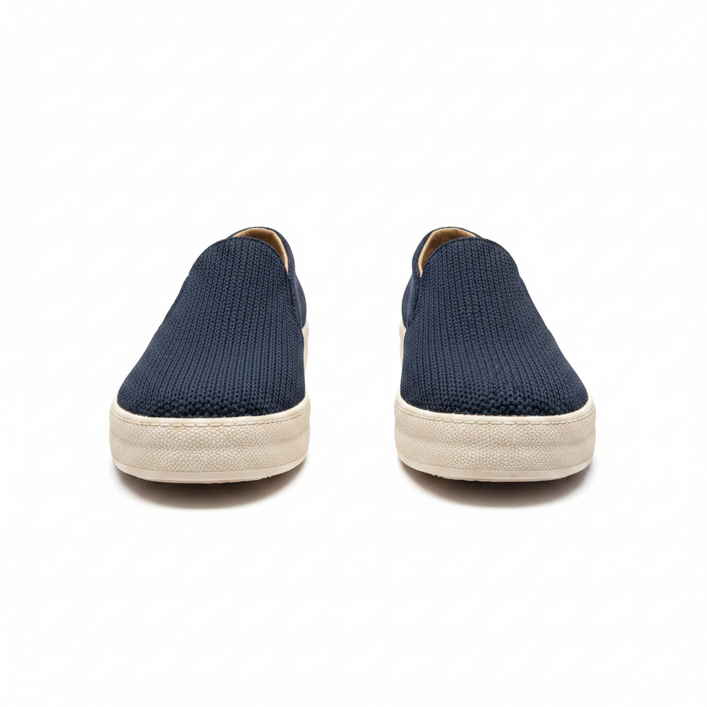 Men's navy blue woven knit slip-on platform sneaker ghost mannequin pair — front and side view on white background