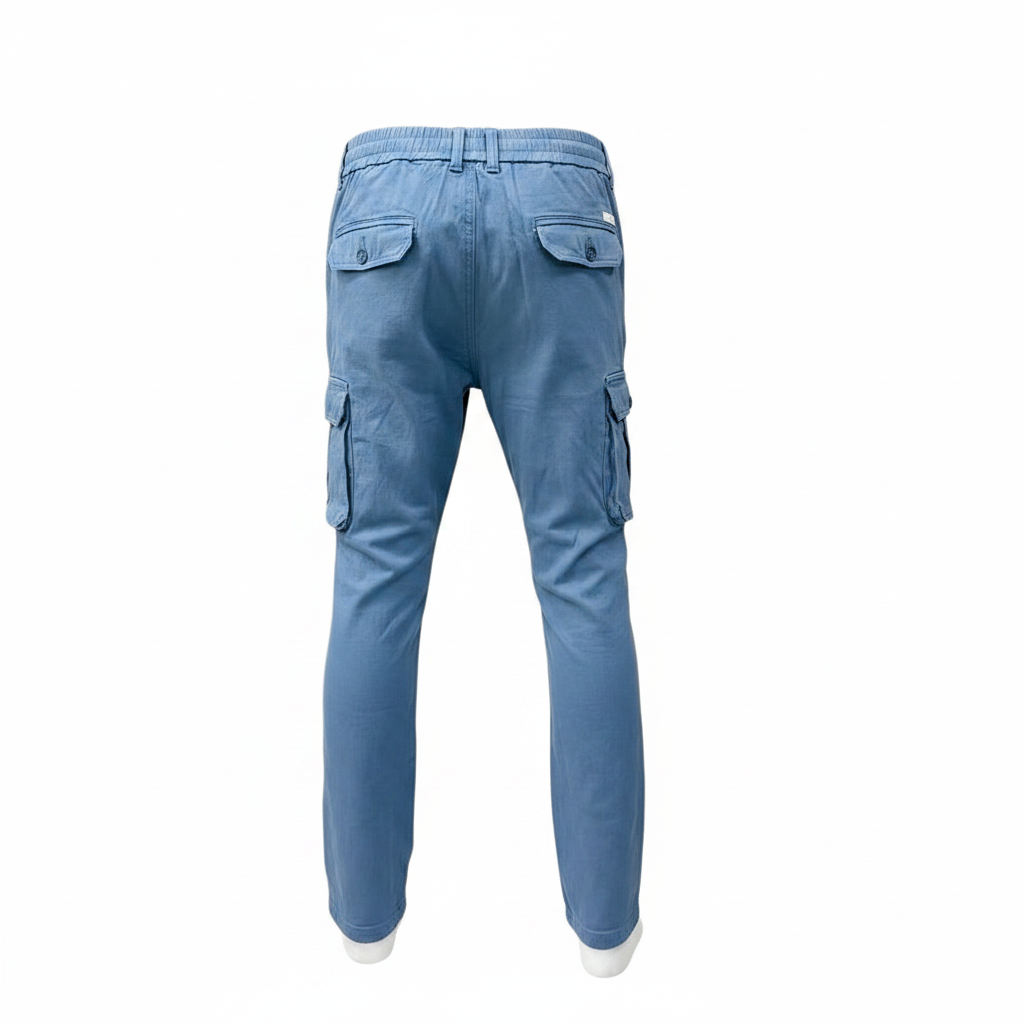 Steel Blue Cargo Trousers - Ghost Mannequin Back