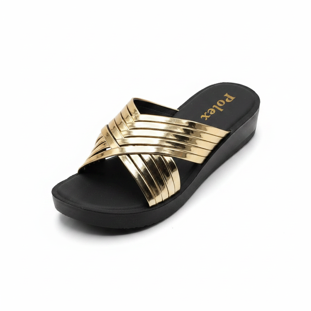 Women's gold metallic cross-strap wedge slide slipper — ghost mannequin view