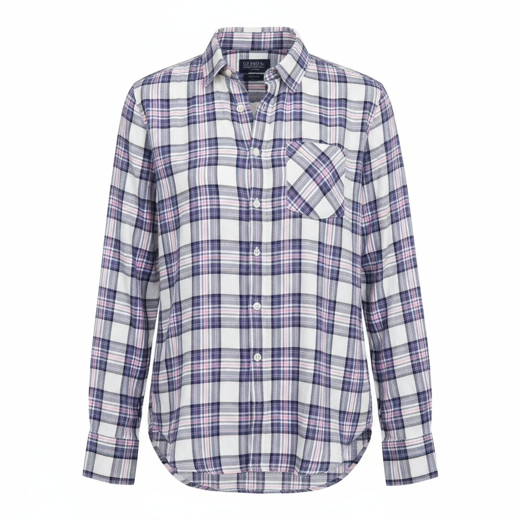 Ghost mannequin front view of white navy pink plaid long-sleeved shirt