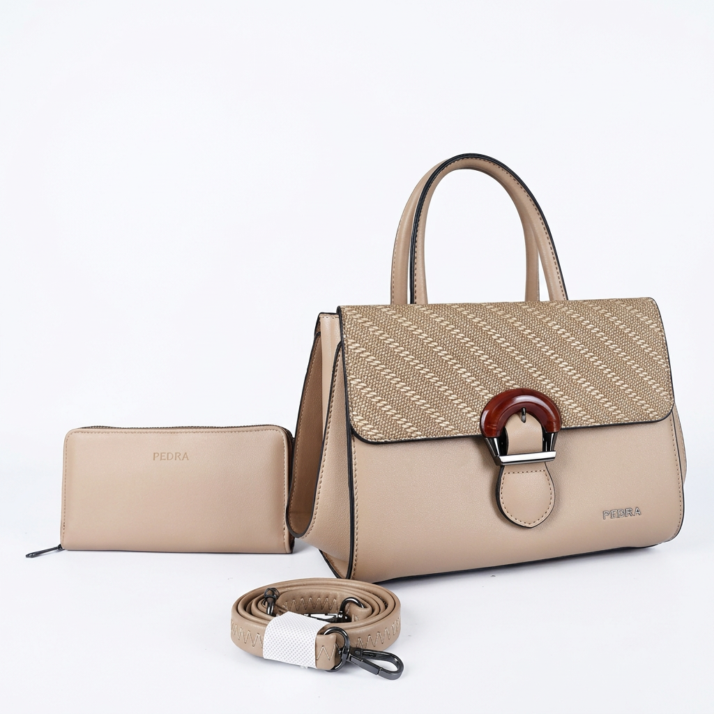 Beige woven-look flap handbag set with matching zip pouch and strap on white