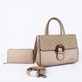 Beige woven-look flap handbag set with matching zip pouch and strap on white