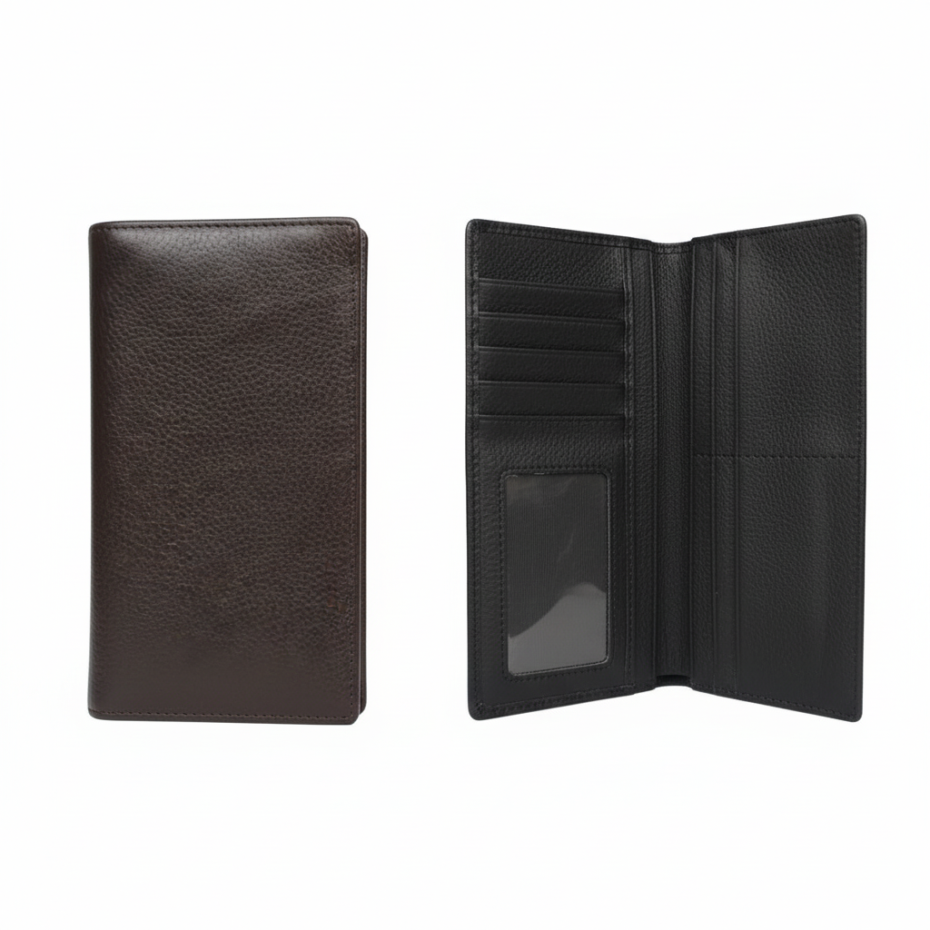 Leather wallet catalog shot, closed and open layered inner view