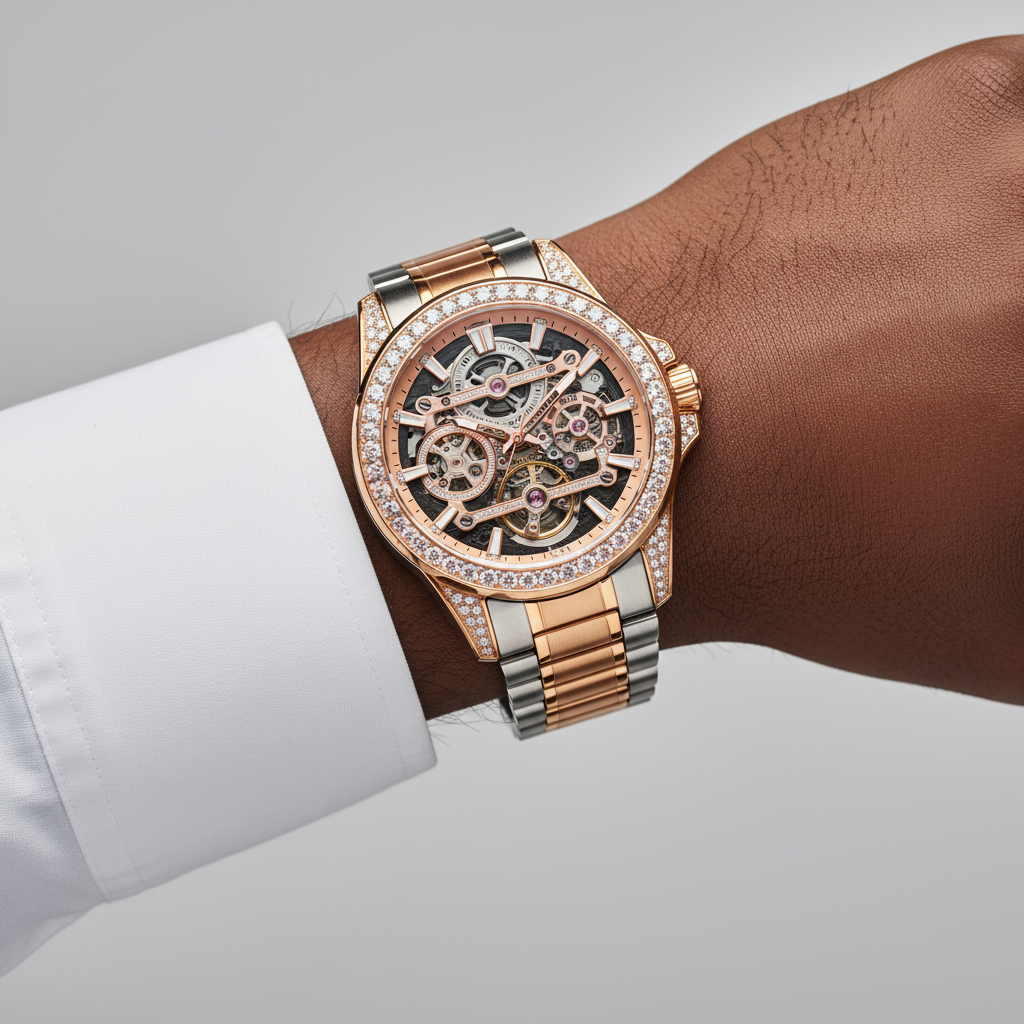 Nigerian male model wrist shot — two-tone rose gold iced-out diamond skeleton watch