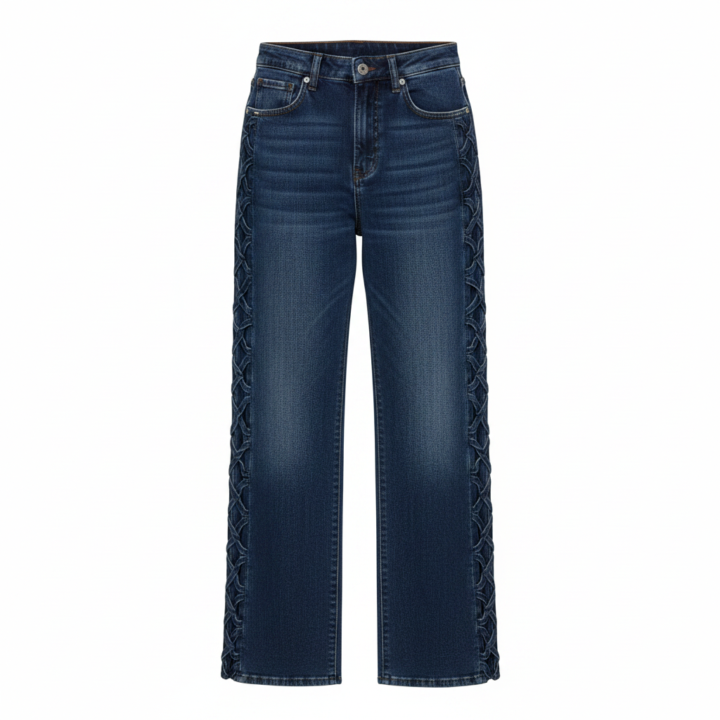 Ghost mannequin — Women's Dark Blue Denim Jeans with Lattice Lace-Up Side Detail