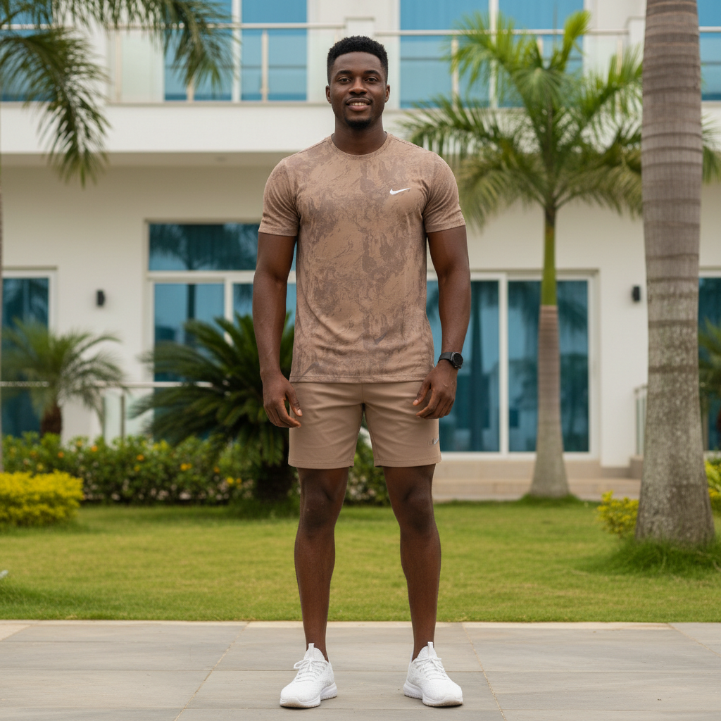 Nigerian male model wearing sandy brown camo print athletic performance tee