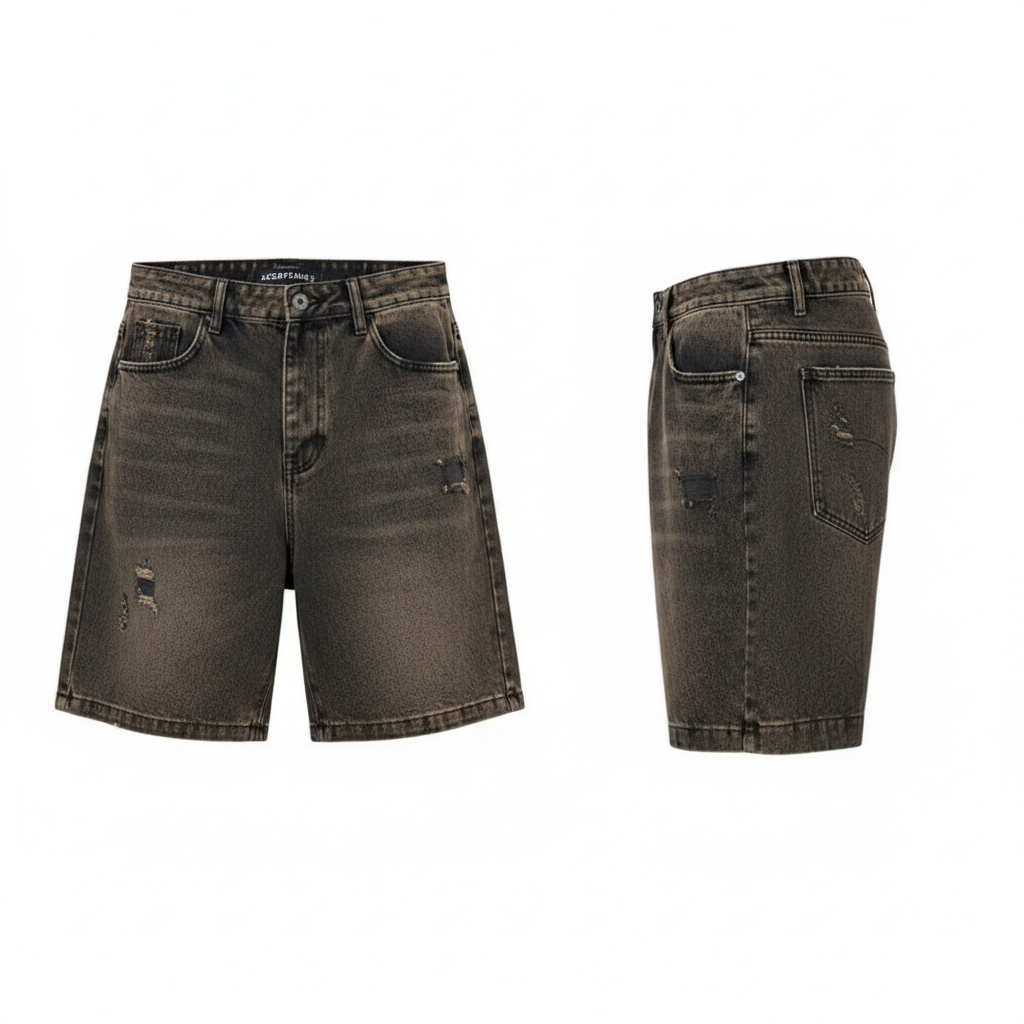 Men's dark brown washed distressed denim shorts ghost mannequin front and side view