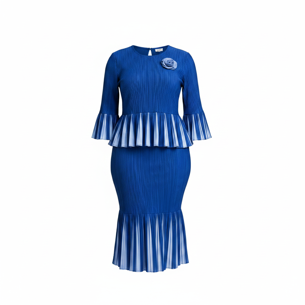 Women's royal blue pleated peplum blouse and midi skirt co-ord set ghost mannequin view on white background