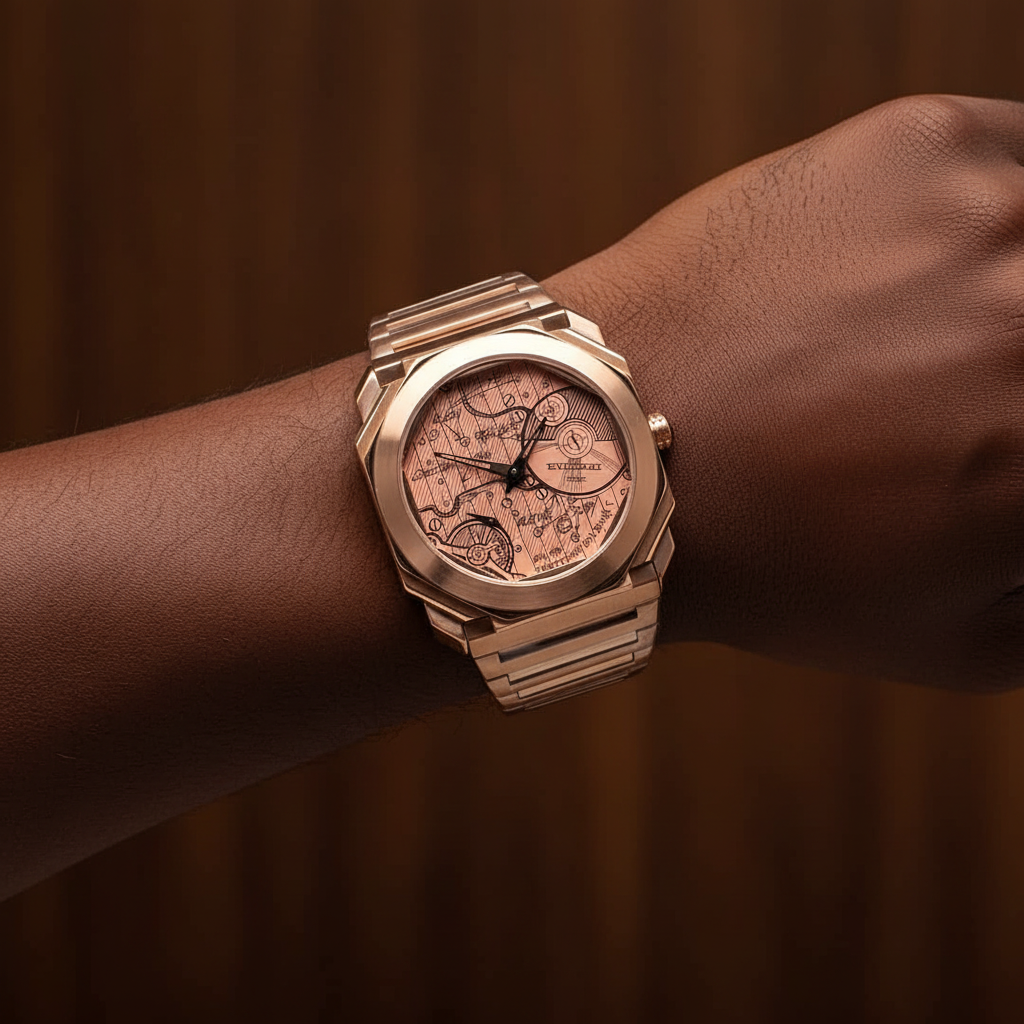 Nigerian man wearing rose gold Octo Finissimo style watch with blueprint dial, wrist close-up