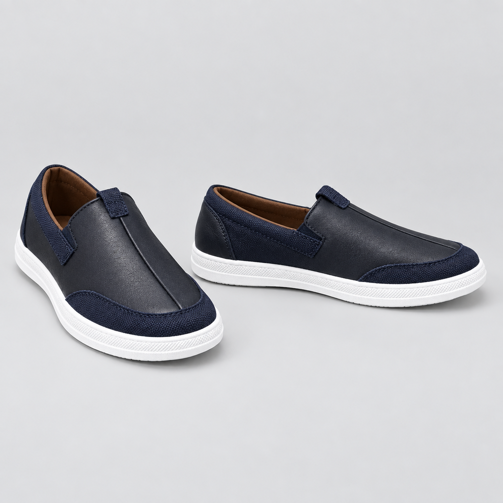 Men's navy textile toe slip-on sneakers, front and side view