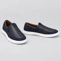 Men's navy textile toe slip-on sneakers, front and side view