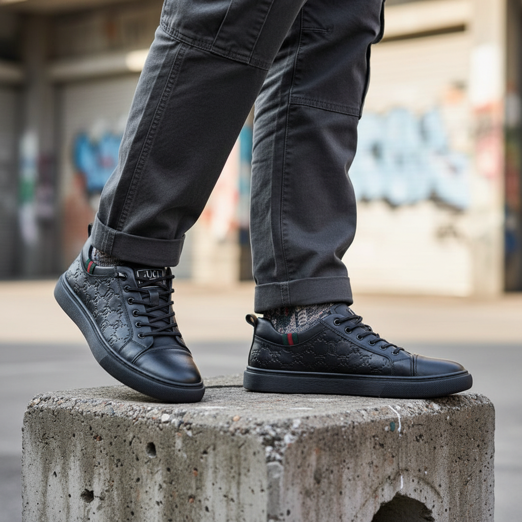 Model wearing black embossed monogram leather lace-up sneakers leg shot